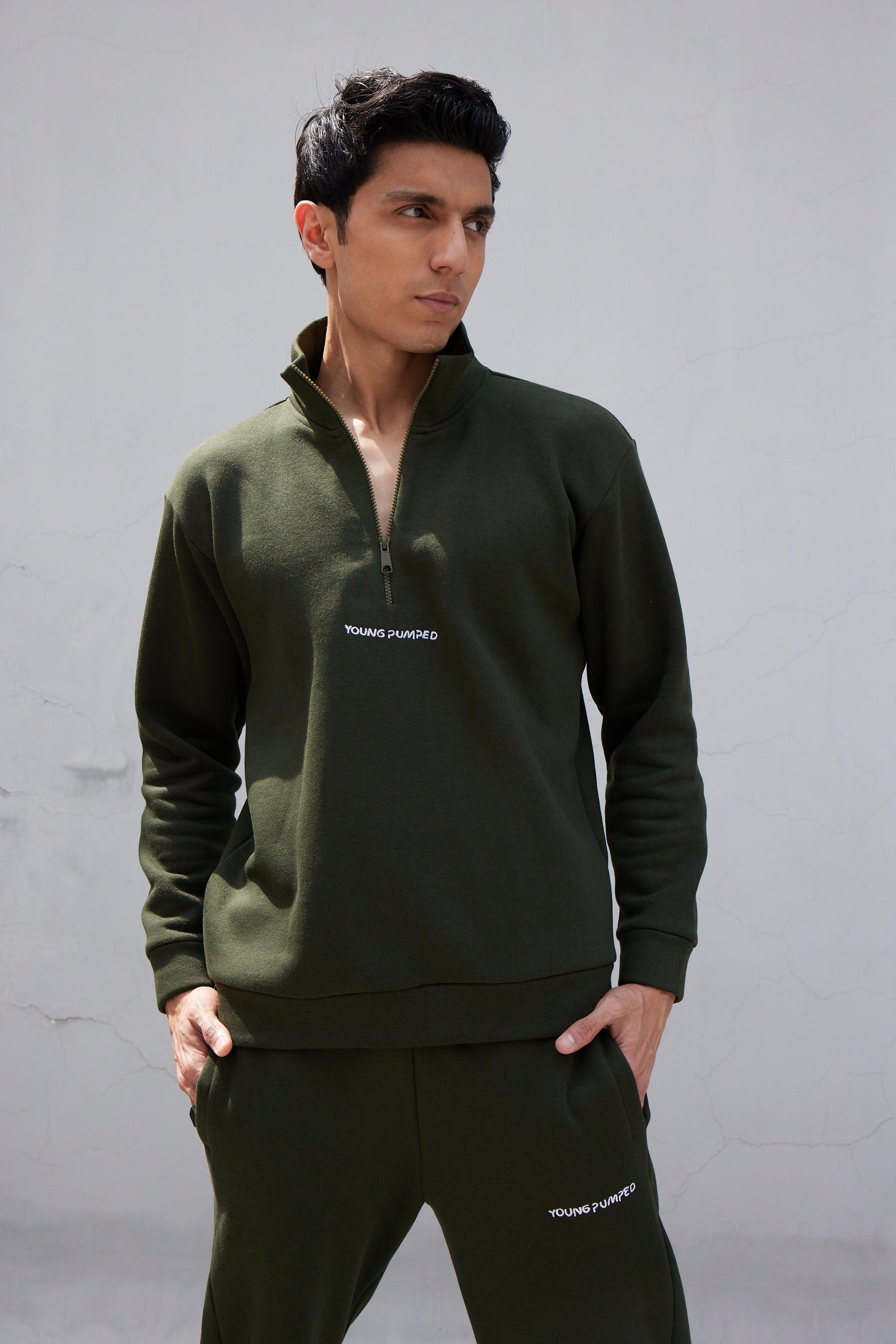 Olive Green Zip-Top Jumper - Young Pumped